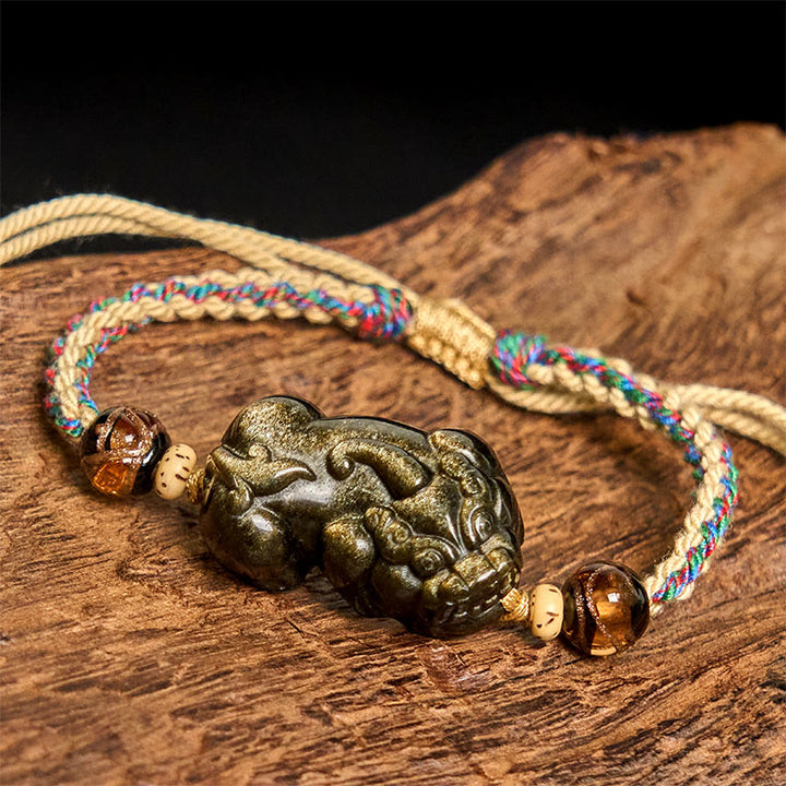 Pulsera de cuerda de la riqueza PiXiu de obsidiana con brillo dorado y Buddha Stones - image 3