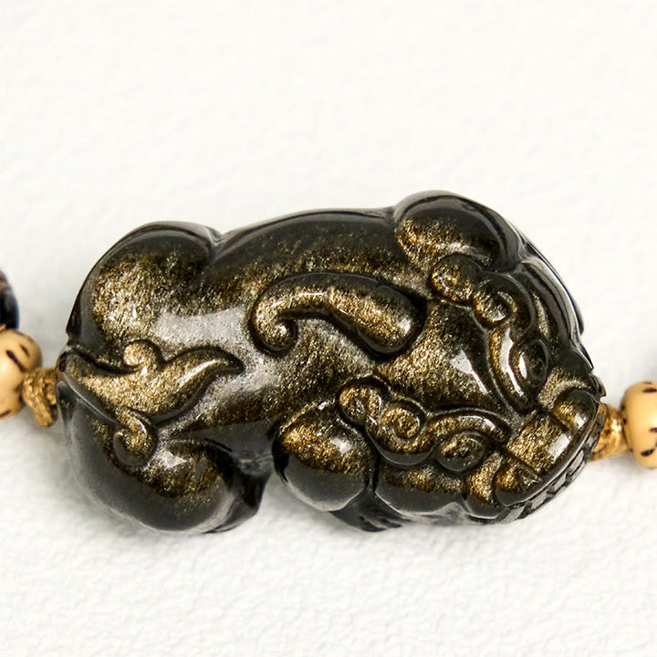 Pulsera de cuerda de la riqueza PiXiu de obsidiana con brillo dorado y Buddha Stones - image 4
