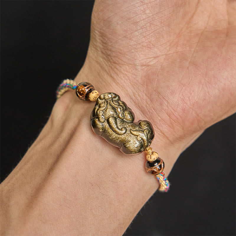 Pulsera de cuerda de la riqueza PiXiu de obsidiana con brillo dorado y Buddha Stones - image 6