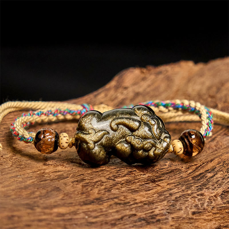Pulsera de cuerda de la riqueza PiXiu de obsidiana con brillo dorado y Buddha Stones - image 2