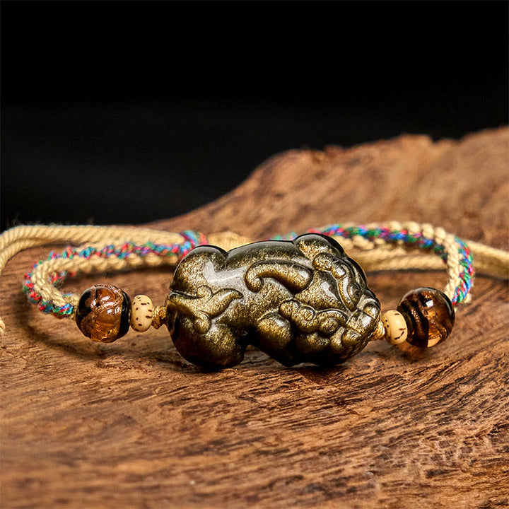 Pulsera de cuerda de la riqueza PiXiu de obsidiana con brillo dorado y Buddha Stones - image 2