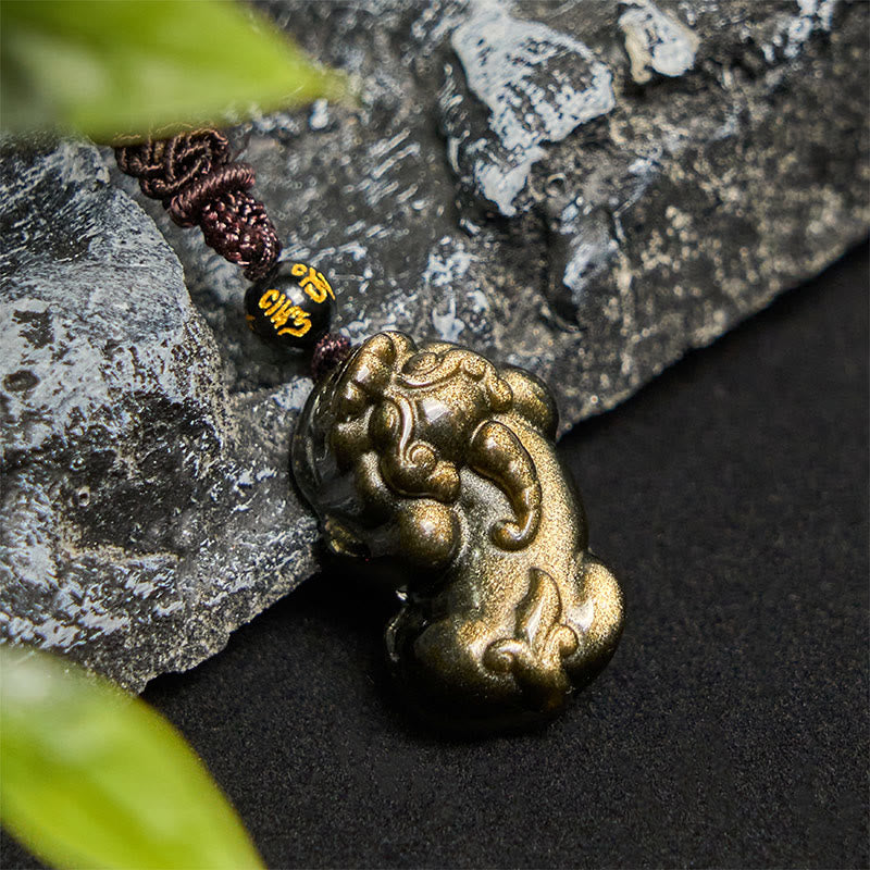 Collar con colgante de cuerda de la riqueza PiXiu de obsidiana con brillo dorado y piedras de Buddha Stones - Collar PiXiu - image 1