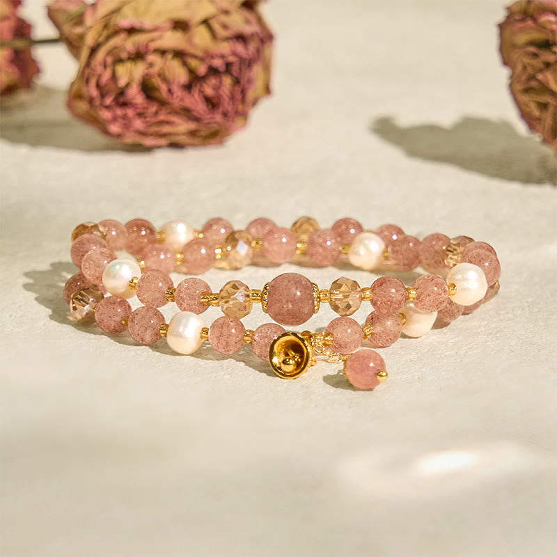 Pulsera curativa de doble vuelta con campana de perla y cuarzo fresa natural de Buddha Stones