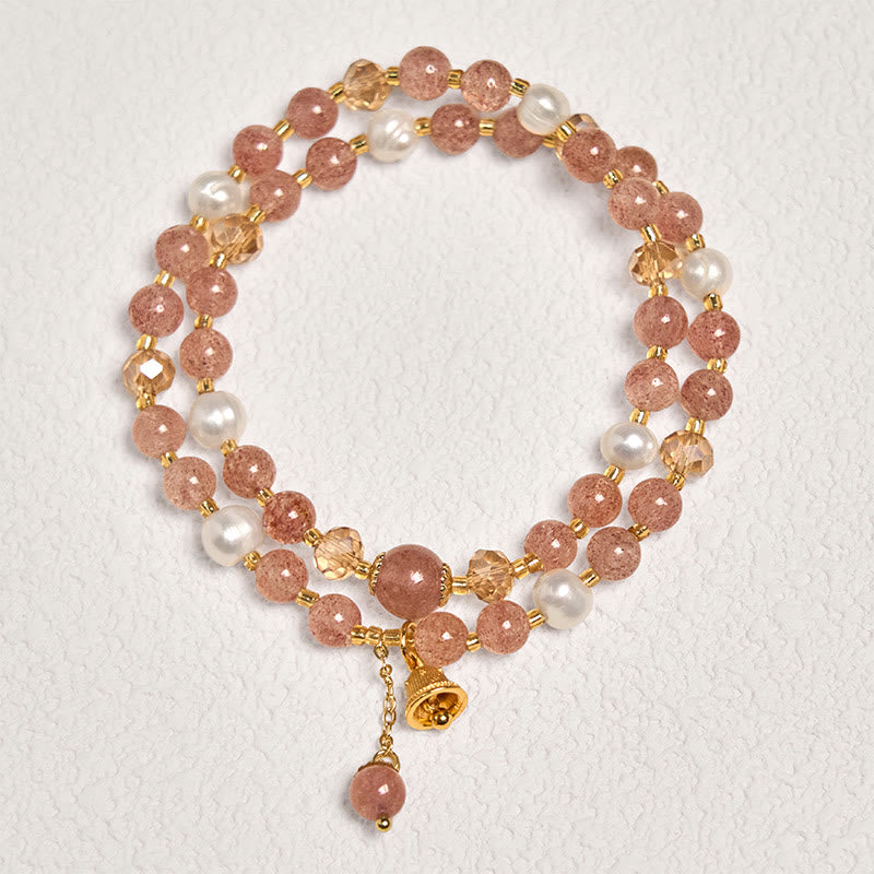 Pulsera curativa de doble vuelta con campana de perla y cuarzo fresa natural de Buddha Stones