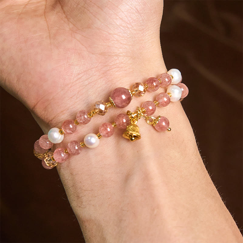 Pulsera curativa de doble vuelta con campana de perla y cuarzo fresa natural de Buddha Stones