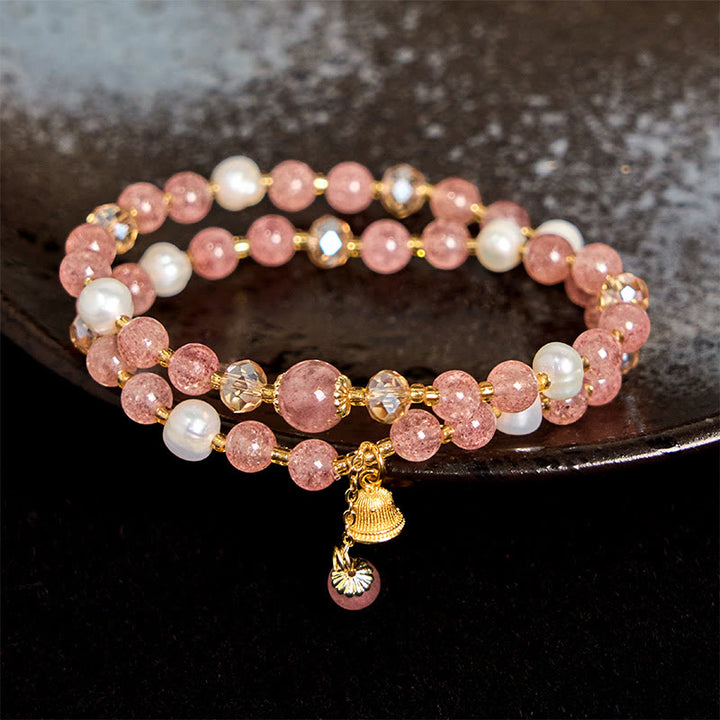Pulsera curativa de doble vuelta con campana de perla y cuarzo fresa natural de Buddha Stones