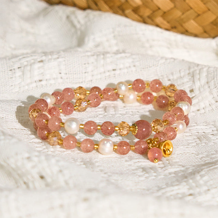 Pulsera curativa de doble vuelta con campana de perla y cuarzo fresa natural de Buddha Stones