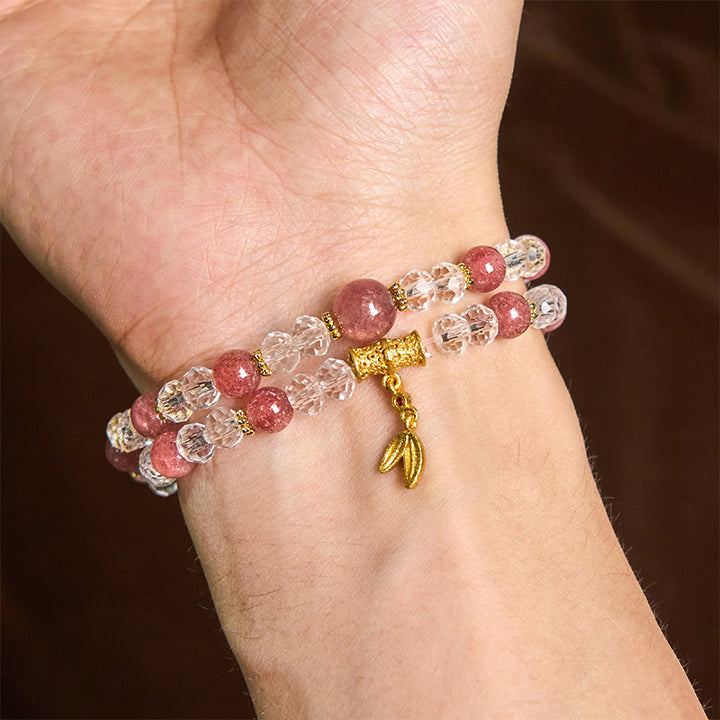 Pulsera de doble vuelta positiva de bambú con cristales de cuarzo fresa natural y Buddha Stones