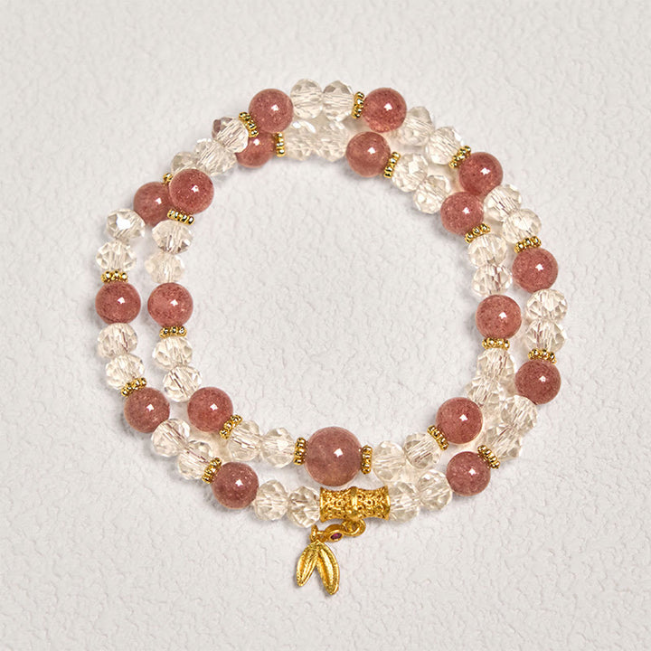 Pulsera de doble vuelta positiva de bambú con cristales de cuarzo fresa natural y Buddha Stones