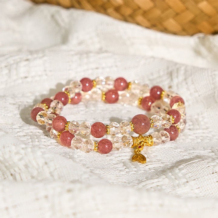 Pulsera de doble vuelta positiva de bambú con cristales de cuarzo fresa natural y Buddha Stones