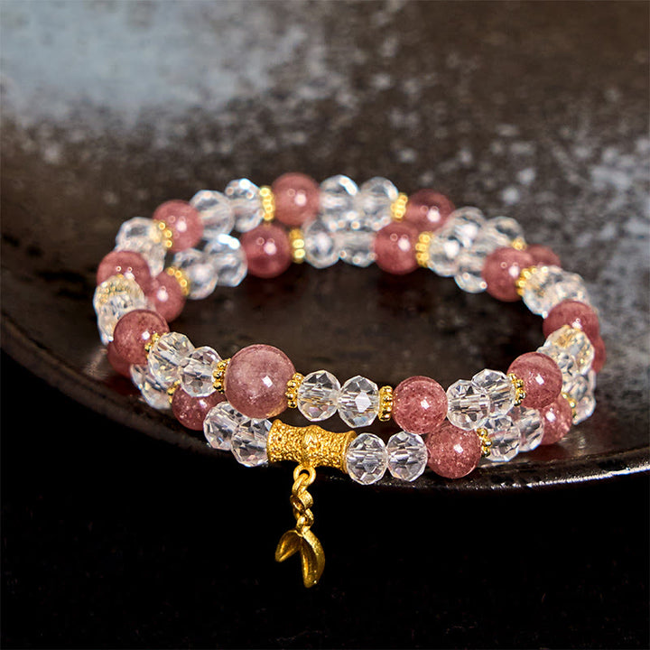 Pulsera de doble vuelta positiva de bambú con cristales de cuarzo fresa natural y Buddha Stones