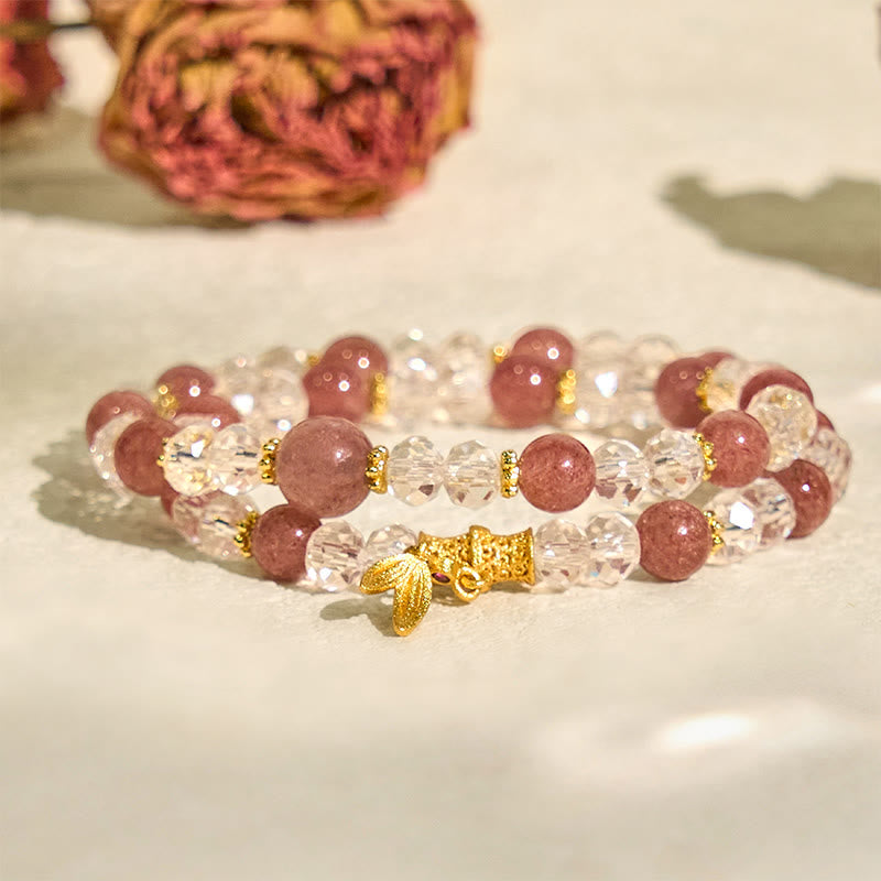 Pulsera de doble vuelta positiva de bambú con cristales de cuarzo fresa natural y Buddha Stones