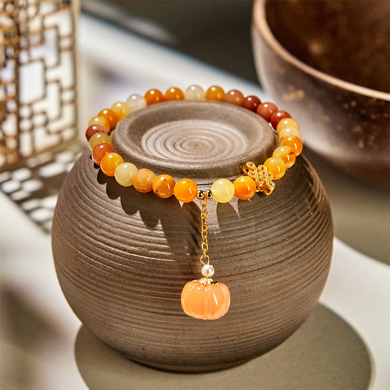 Pulsera de la riqueza con calabaza y anudado chino de jade y seda dorada con Buddha Stones