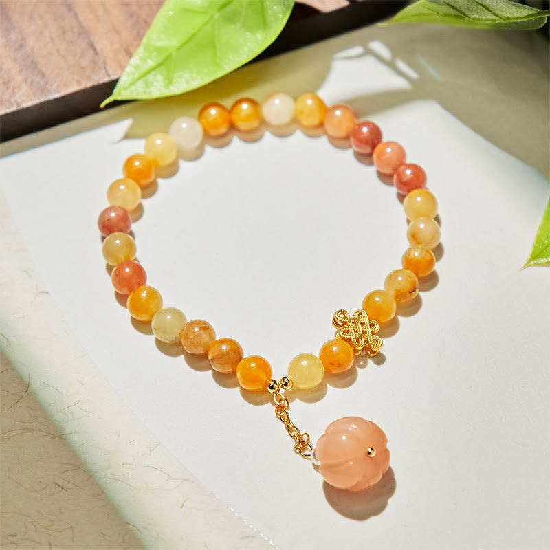 Pulsera de la riqueza con calabaza y anudado chino de jade y seda dorada con Buddha Stones