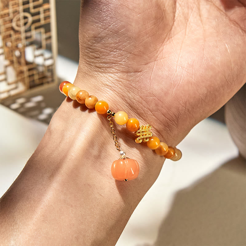 Pulsera de la riqueza con calabaza y anudado chino de jade y seda dorada con Buddha Stones