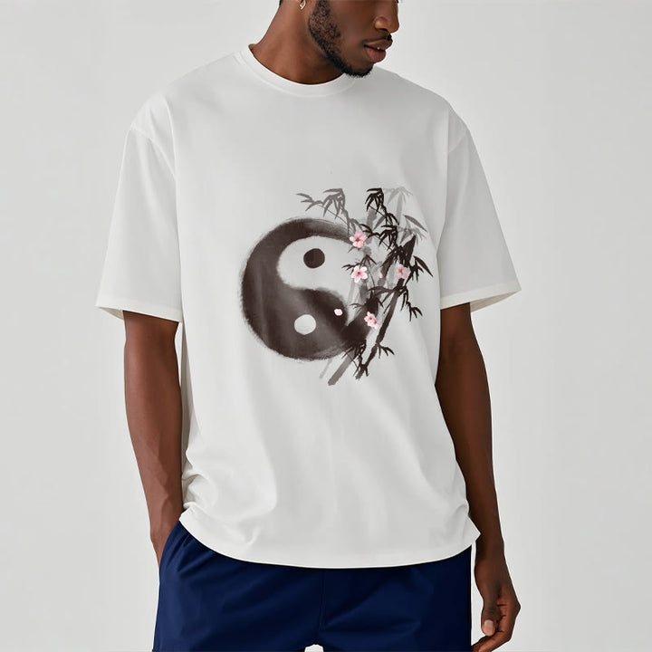 Buddha Stones Camiseta con estampado de bambú y flor de cerezo Yin Yang - image 1