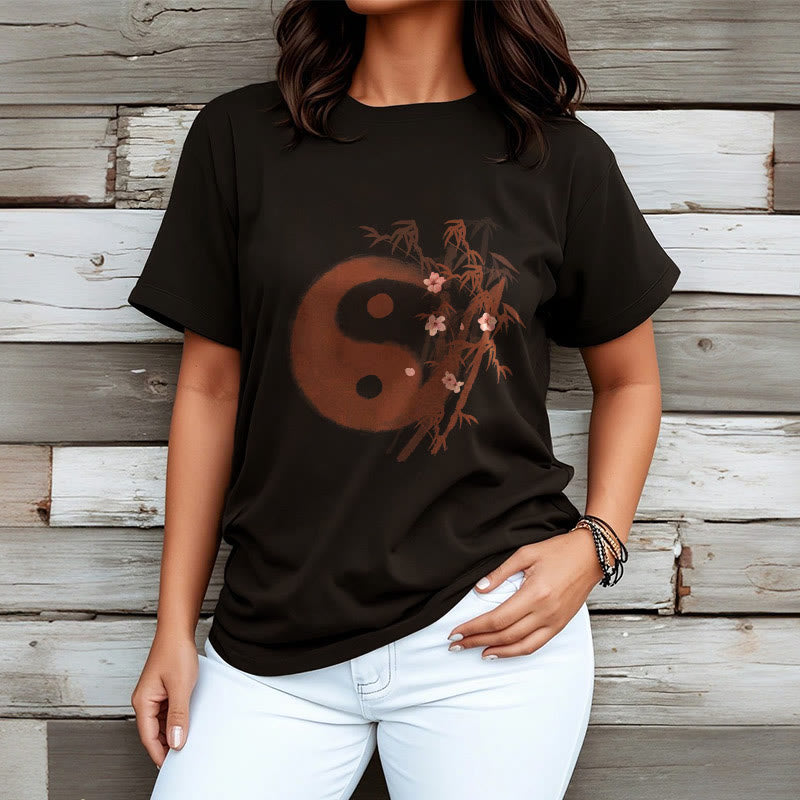 Buddha Stones Camiseta con estampado de bambú y flor de cerezo Yin Yang - image 6
