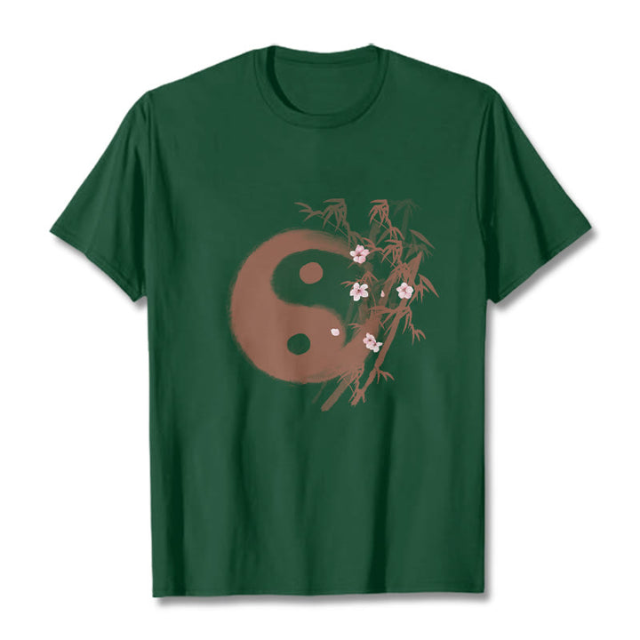 Buddha Stones Camiseta con estampado de bambú y flor de cerezo Yin Yang - Verde bosque - 2XL - image 9