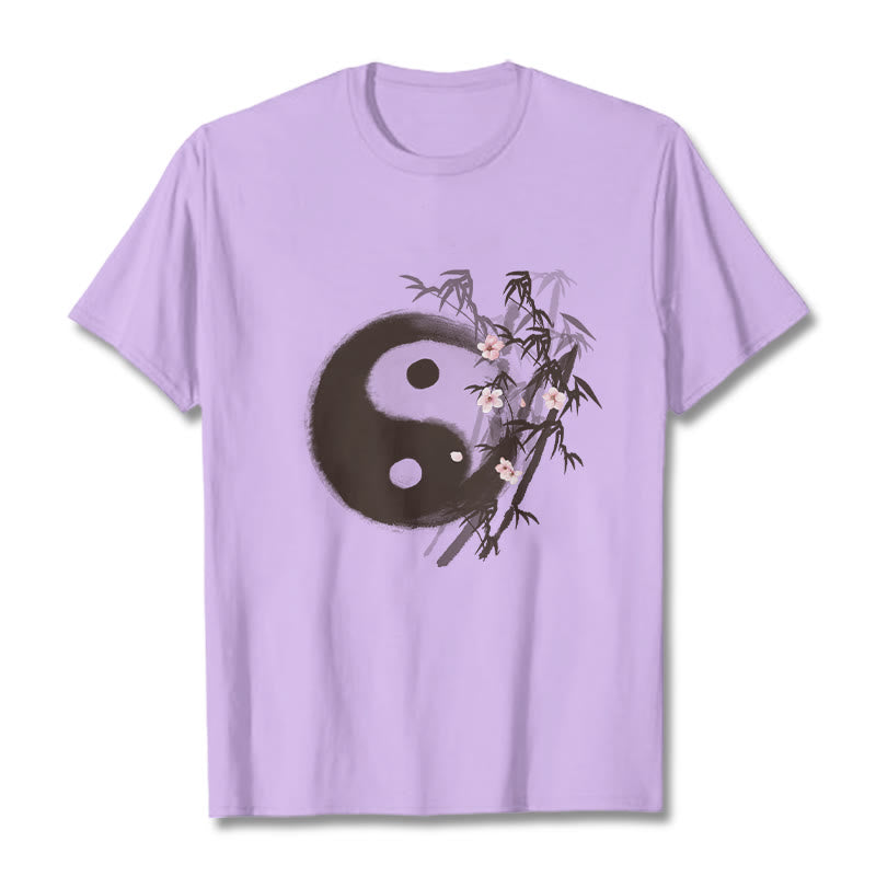 Buddha Stones Camiseta con estampado de bambú y flor de cerezo Yin Yang - Ciruela - 2XL - image 15