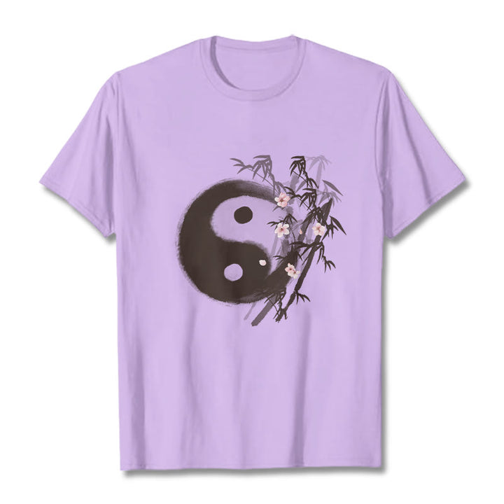Buddha Stones Camiseta con estampado de bambú y flor de cerezo Yin Yang - Ciruela - 2XL - image 15