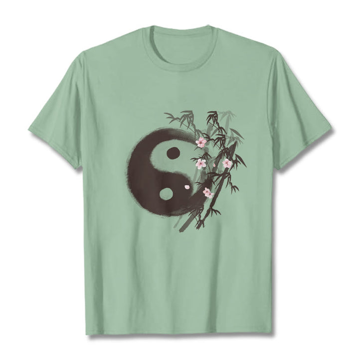 Buddha Stones Camiseta con estampado de bambú y flor de cerezo Yin Yang - Verde pálido - 2XL - image 13