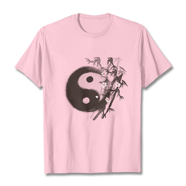 Buddha Stones Camiseta con estampado de bambú y flor de cerezo Yin Yang - rosa claro - 2XL - image 11