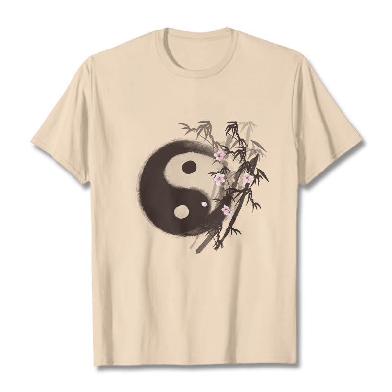 Buddha Stones Camiseta con estampado de bambú y flor de cerezo Yin Yang - Sopa de mariscos - 2XL - image 7