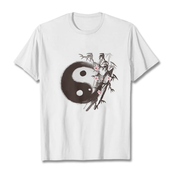 Buddha Stones Camiseta con estampado de bambú y flor de cerezo Yin Yang - Blanco - 2XL - image 0