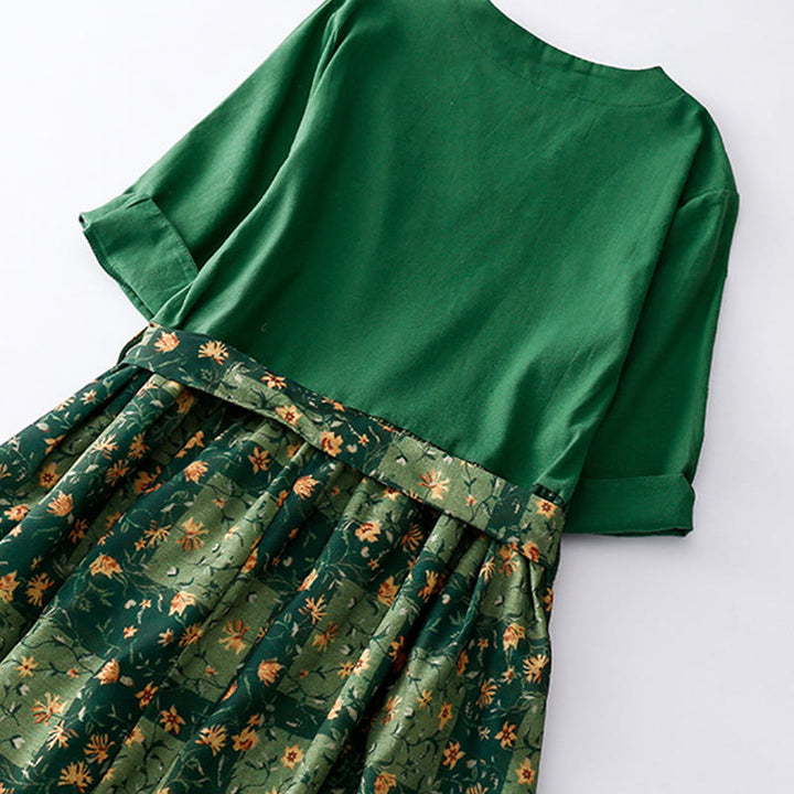 Vestido midi de lino y algodón con cuello en V, media manga y bolsillos, estampado de flores de primavera y Buddha Stones - image 3