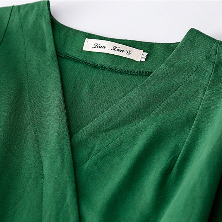 Vestido midi de lino y algodón con cuello en V, media manga y bolsillos, estampado de flores de primavera y Buddha Stones - image 5