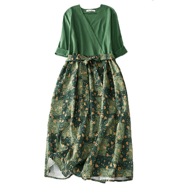 Vestido midi de lino y algodón con cuello en V, media manga y bolsillos, estampado de flores de primavera y Buddha Stones - Verde - US8-10，UK/AU12-14，EU40-42 (2XL) - image 0