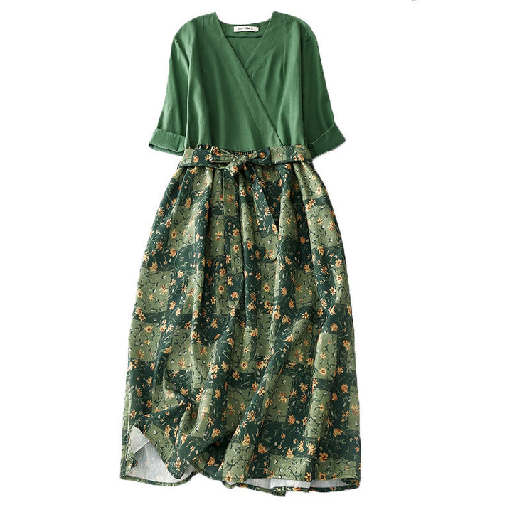 Vestido midi de lino y algodón con cuello en V, media manga y bolsillos, estampado de flores de primavera y Buddha Stones - Verde - US8-10，UK/AU12-14，EU40-42 (2XL) - image 0