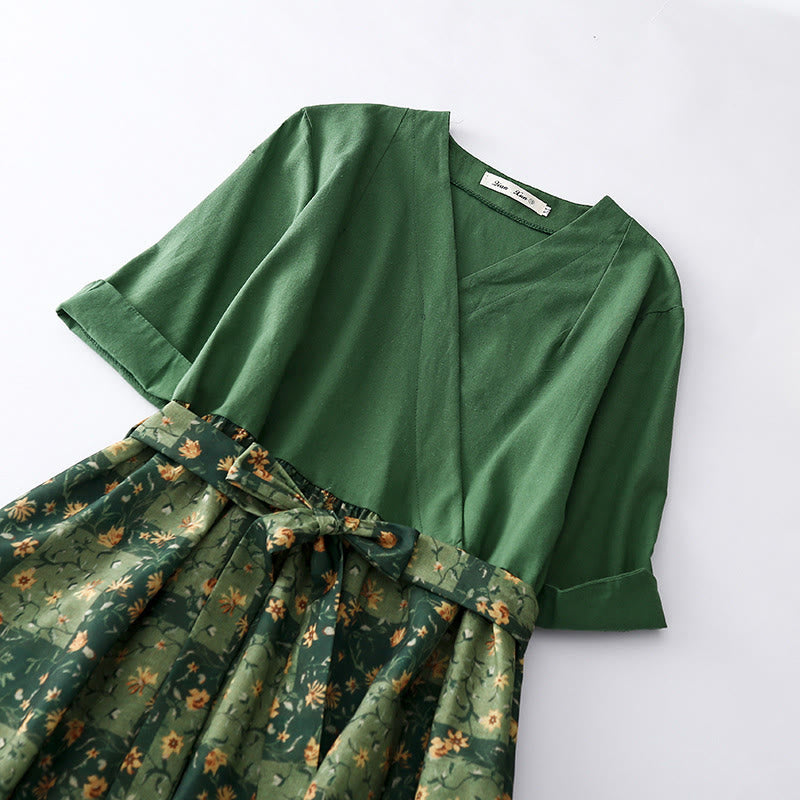 Vestido midi de lino y algodón con cuello en V, media manga y bolsillos, estampado de flores de primavera y Buddha Stones - image 2