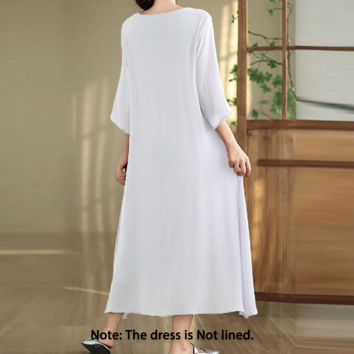 Vestido midi informal de algodón con cuello redondo, manga tres cuartos y botones de rana de Buddha Stones - image 15