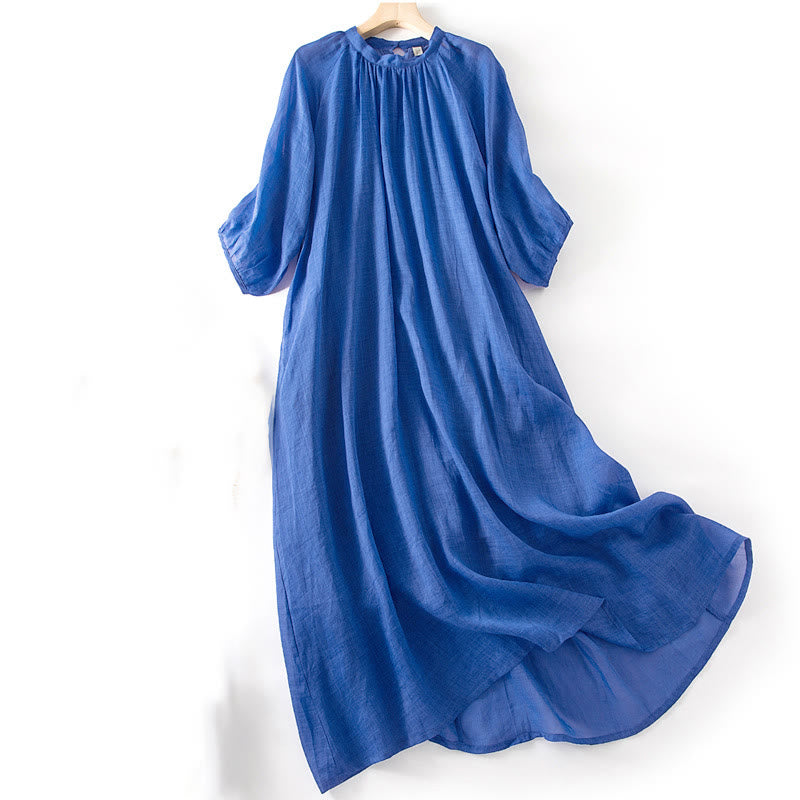 Vestido midi liso con mangas tres cuartos abullonadas y bolsillos, estampado Buddha Stones. - image 2
