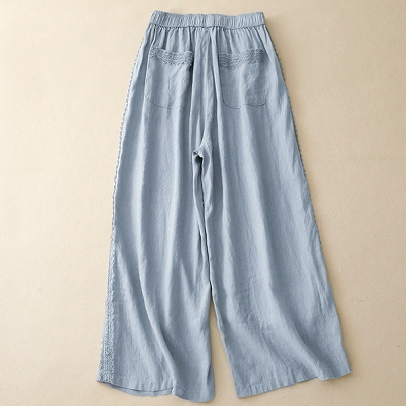 Pantalones anchos de lino y algodón con costuras de encaje de color liso para mujer con bolsillos y Buddha Stones - image 2
