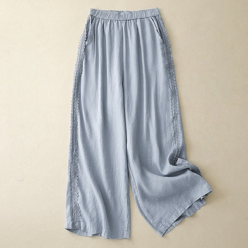 Pantalones anchos de lino y algodón con costuras de encaje de color liso para mujer con bolsillos y Buddha Stones - Azul cielo claro - US8-10，UK/AU12-14，EU40-42 (2XL) - image 0