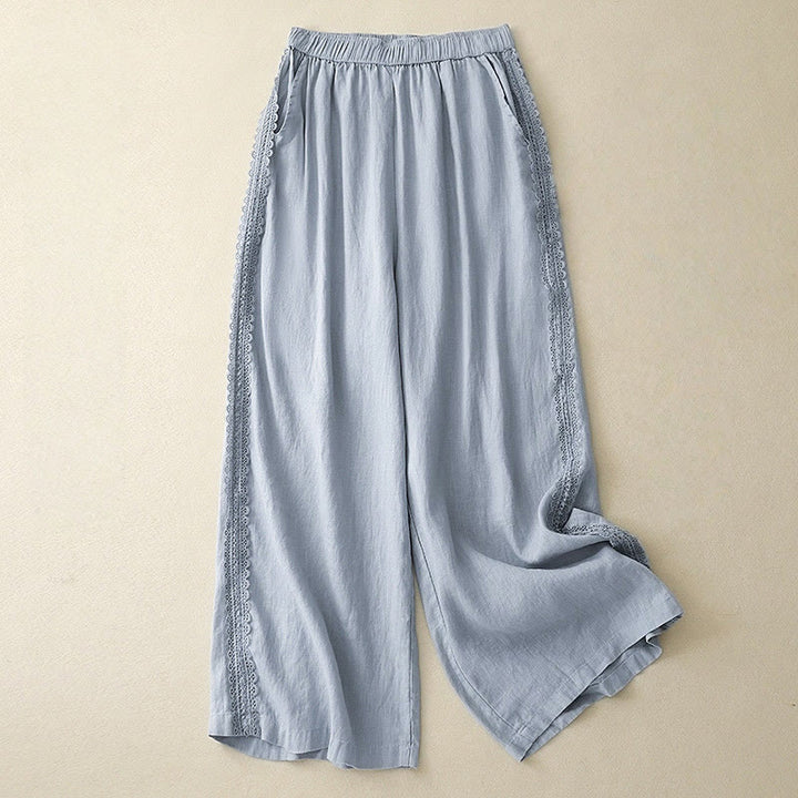 Pantalones anchos de lino y algodón con costuras de encaje de color liso para mujer con bolsillos y Buddha Stones - Azul cielo claro - US8-10，UK/AU12-14，EU40-42 (2XL) - image 0