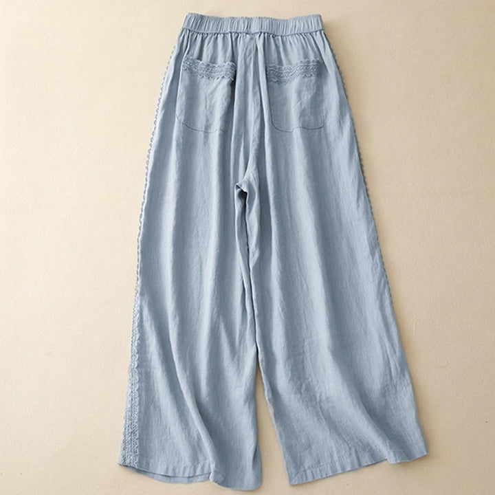 Pantalones anchos de lino y algodón con costuras de encaje de color liso para mujer con bolsillos y Buddha Stones - image 1