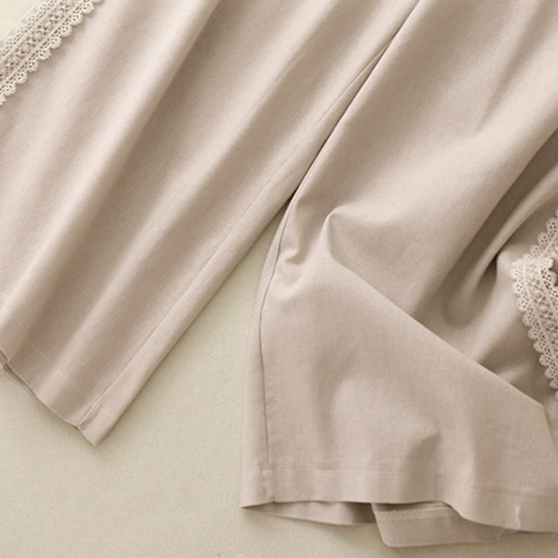 Pantalones anchos de lino y algodón con costuras de encaje de color liso para mujer con bolsillos y Buddha Stones - image 11