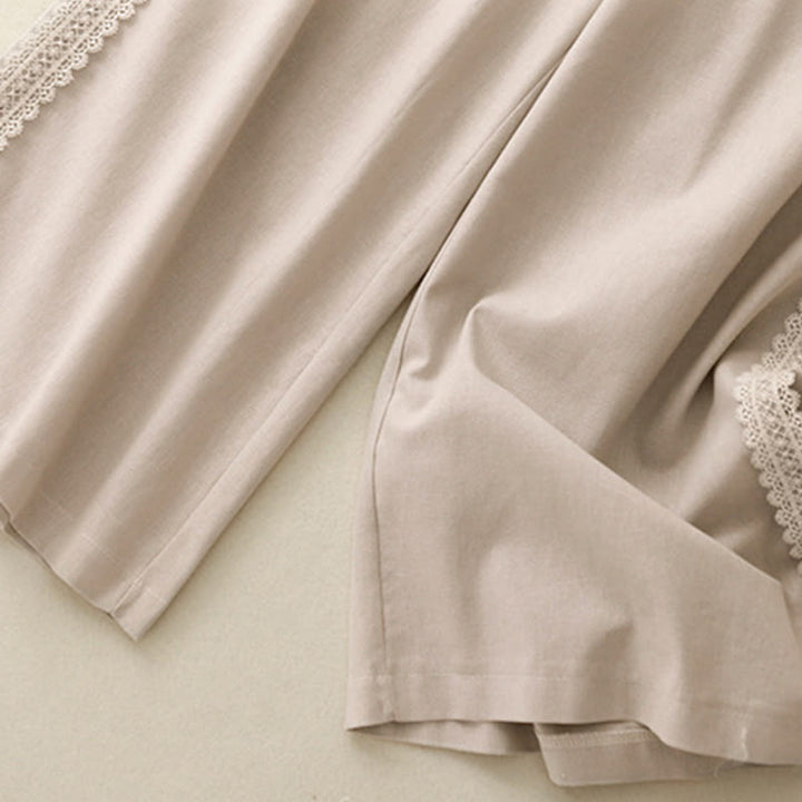 Pantalones anchos de lino y algodón con costuras de encaje de color liso para mujer con bolsillos y Buddha Stones - image 11
