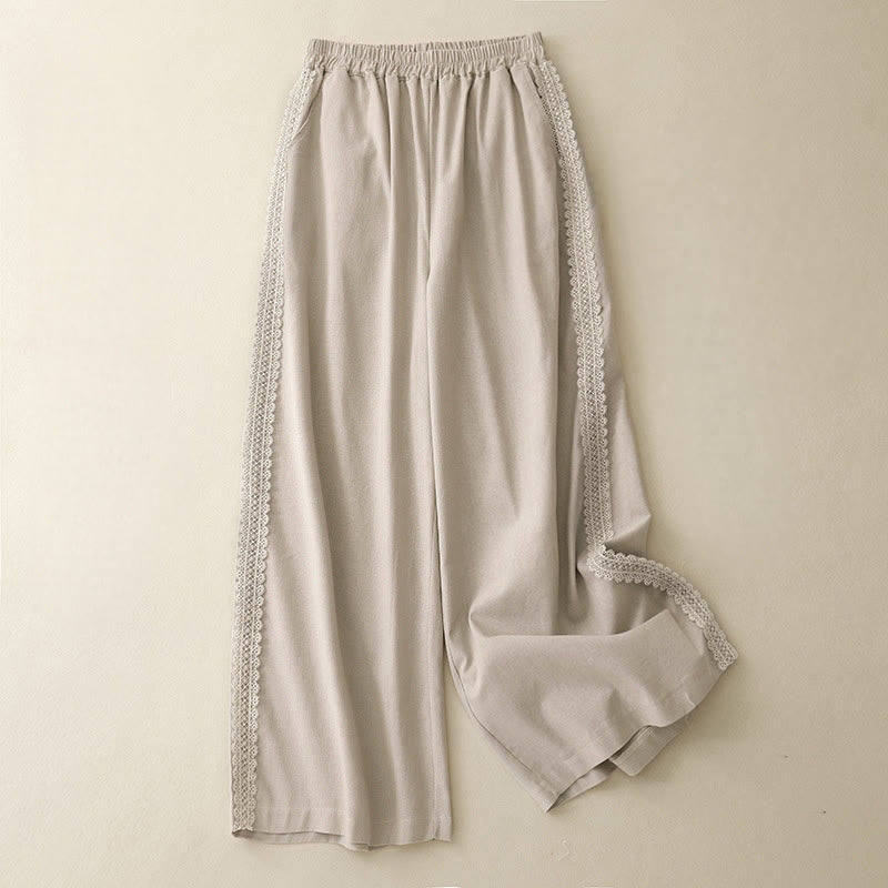 Pantalones anchos de lino y algodón con costuras de encaje de color liso para mujer con bolsillos y Buddha Stones - Beige - US8-10，UK/AU12-14，EU40-42 (2XL) - image 9