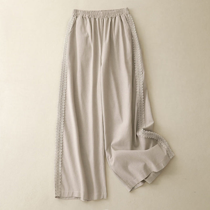 Pantalones anchos de lino y algodón con costuras de encaje de color liso para mujer con bolsillos y Buddha Stones - Beige - US8-10，UK/AU12-14，EU40-42 (2XL) - image 9