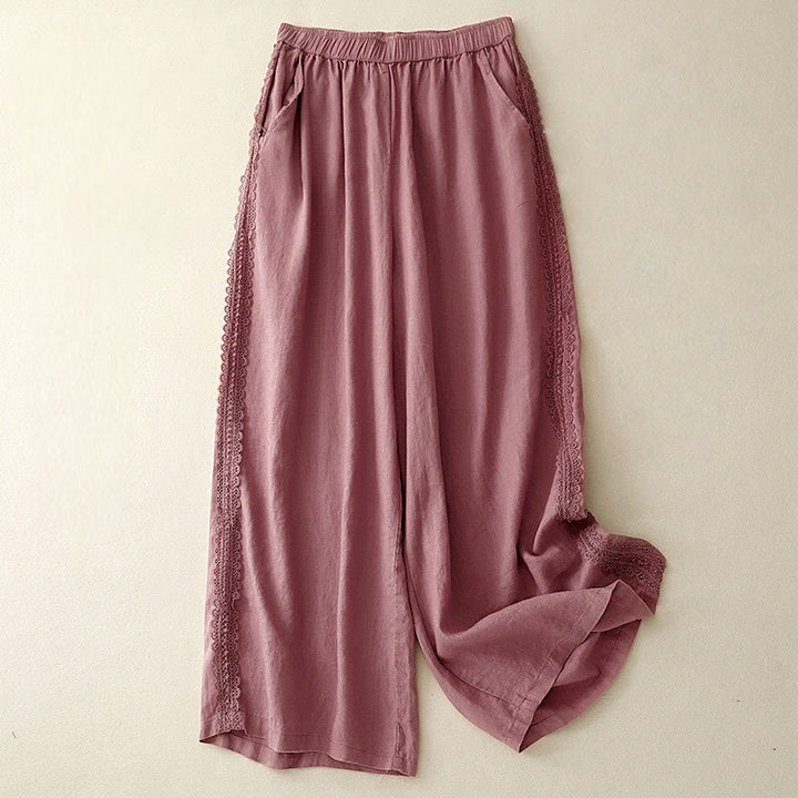 Pantalones anchos de lino y algodón con costuras de encaje de color liso para mujer con bolsillos y Buddha Stones - Violeta pálido rojo - US8-10，UK/AU12-14，EU40-42 (2XL) - image 13