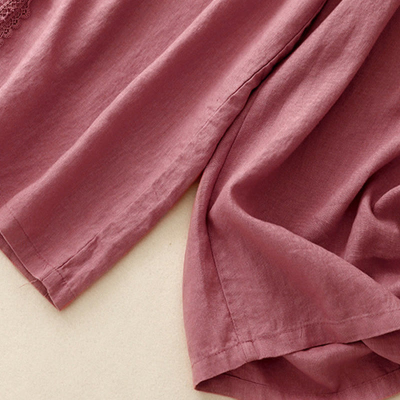 Pantalones anchos de lino y algodón con costuras de encaje de color liso para mujer con bolsillos y Buddha Stones - image 15