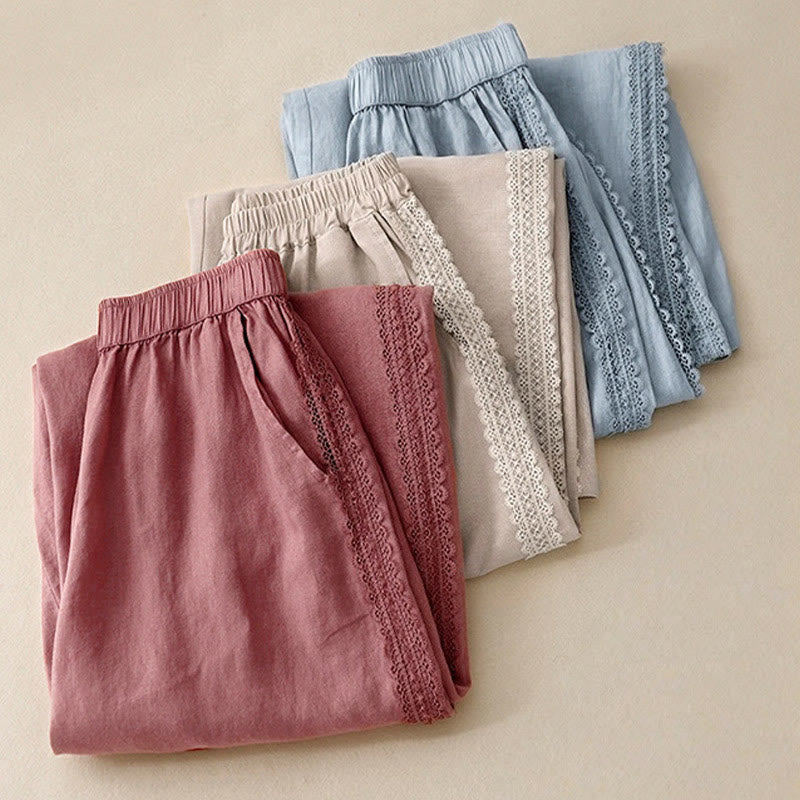 Pantalones anchos de lino y algodón con costuras de encaje de color liso para mujer con bolsillos y Buddha Stones - image 19