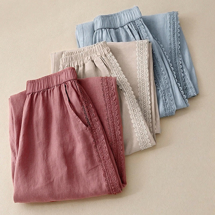 Pantalones anchos de lino y algodón con costuras de encaje de color liso para mujer con bolsillos y Buddha Stones - image 19