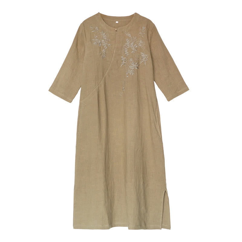 Vestido midi de lino y algodón con mangas tres cuartos y bordado vintage de Buddha Stones y bolsillos - image 11