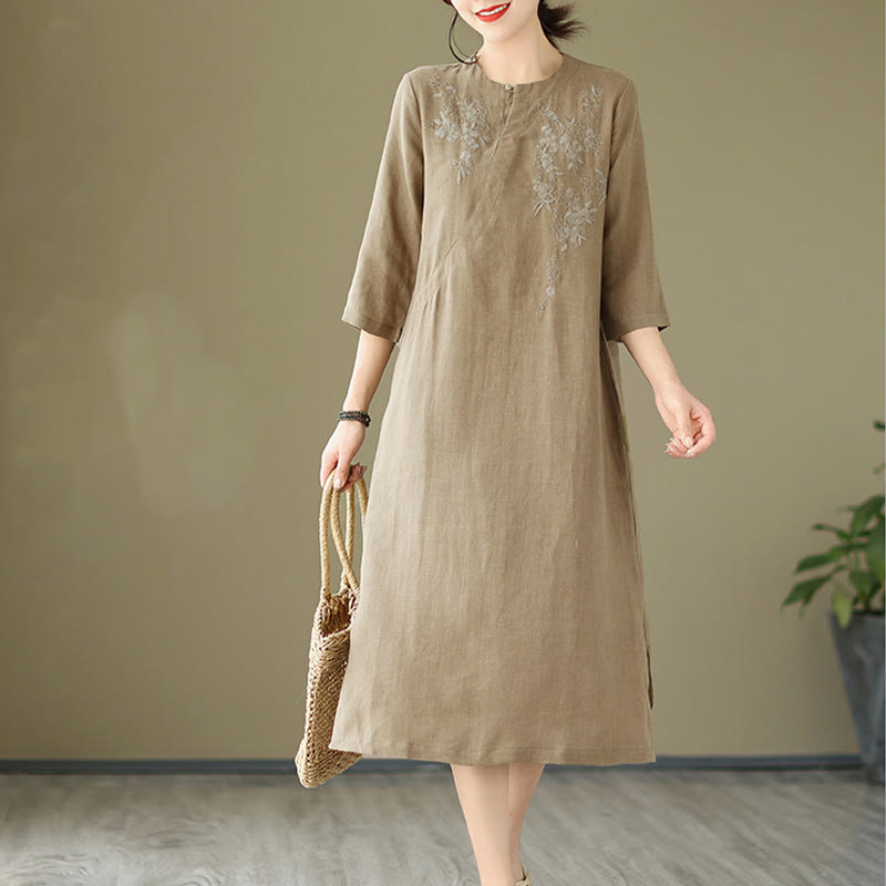 Vestido midi de lino y algodón con mangas tres cuartos y bordado vintage de Buddha Stones y bolsillos - Caqui oscuro - US8-10，UK/AU12-14，EU40-42 (2XL) - image 0