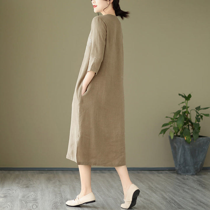 Vestido midi de lino y algodón con mangas tres cuartos y bordado vintage de Buddha Stones y bolsillos - image 3